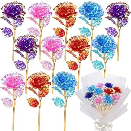 Wowagoga 12 Pcs 24K Galaxy Rose Artificial Flowers, 4 Colors Forever Rose Gifts for Women Girls Mom Wife Daughters Sister Mothers Day Valentine's Day Birthday Wedding Decoration