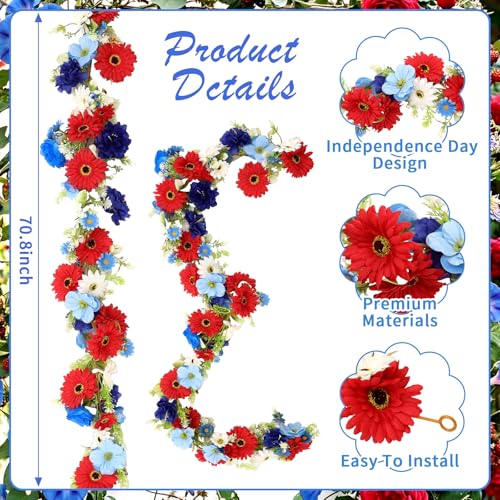 6 ft Red White Blue Garland 4th of July Patriotic Flower Garland for Mantle Artificial 250th Decoration with Daisy Lavender Vine Memorial Day Faux Floral for Independence Table Decor - style: Independence Day