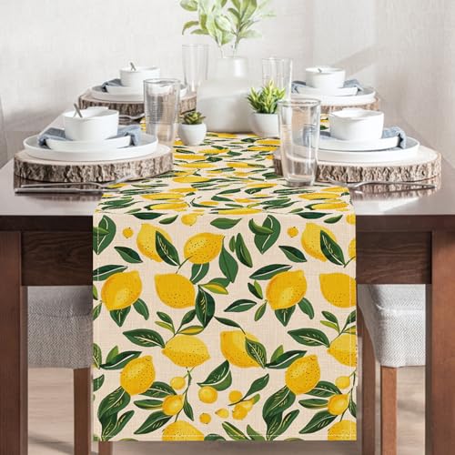 Lemon Dining Table Runner, Spring Summer Citrus Fruit Burlap Kitchen Decoration, Seasonal Indoor Outdoor Home Decor Party Supply 13 x 72 Inches - color: Lemon, size: Table Runner 13''X72''