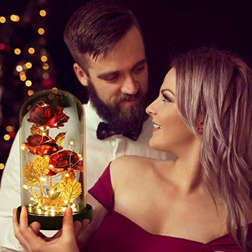 Valentines Day Gifts for Her,Beauty and The Beast Rose Birthday Gift,Galaxy Flower Rose with 2 Light Modes,Colorful Crystal Flower Enchanted Rose in Glass Dome,Womens Gifts for Mom Wife Girlfriend - color: Red