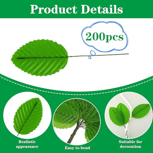 200 Pcs Green Silk Artificial Leaves - Fake, Faux Wired Single Leaf - Wire Crafts Leaves - Plastic - For DIY Bouquet, Wreaths, Wedding, Christmas - color: Green