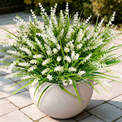 20Pcs Fake Plants Artificial Flowers Monkey Grass for Outdoors，UV Resistant Realistic White Artificial Plants Outdoor，No Fade Greenery Shrubs Outside Decor for Courtyard Porch Patio Garden - color: White, size: 20Pcs