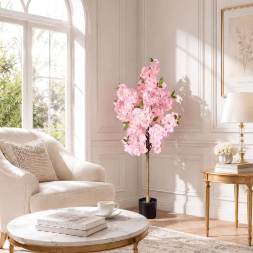 Cherry Blossom Tree 4FT Artificial Plants Indoor - Reinforced Spiral Connection Base & Anti-Shedding Silk Sakura Flowers, Faux Pink Tree for Living Room Home Office Bedroom Decor - color: Cherry Blossom Tree 1p Pink