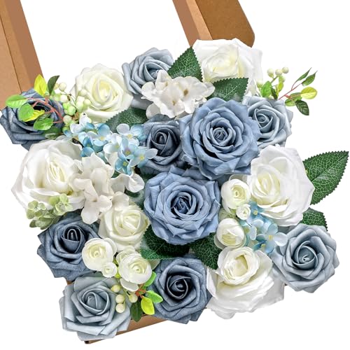 Serwalin Artificial Flowers Blue Fake Silk Foam Wedding Flowers for Bridal Bouquet White Roses with Stems for Home Party Decoration Faux Flower Table Centerpieces Arrangements for Baby Shower - color: A Blue & White, size: 1 Box
