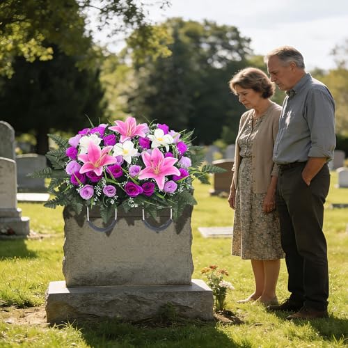 Cemetery Flower Saddle - Grave Flowers for Cemetery,Artificial Rose, Lily & Orchid Arrangement for Headstone - All-Weather Grave Decor for Outdoor Tombstone Headstone Decorations (Purple) - color: Purple