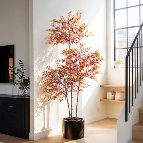 Large Artificial Tree Big Faux Bamboo Plant Indoor Outdoor Realistic Floor Plants Fake Nandina Trees Plastic plantas for Home Living Room Corner Office Patio Porch Bonsai Decor Housewarming Gift - color: Red, size: 5ft 7in