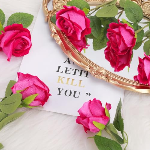 36 Pcs Velvet Silk Hot Pink Rose Bouquet Bridal Artificial Flowers,Fake Rose Long Stem Realistic Artificial Flowers Bulk for Wedding Bouquet Ball Arrangement Centerpiece Party Decor(Hot Pink) - color: Hot Pink