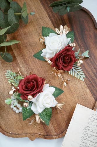 Burgundy Corsage and Boutonniere Set for Wedding Prom, Artificial Rose Flower Wrist Corsage Bracelets, Homecoming Corsage Wristlet, Boutonniere for Men Wedding Suit Decorations - color: Burgundy