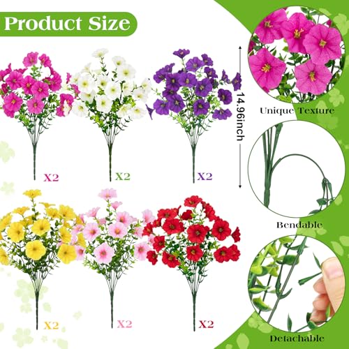 Roberly 12 Bundles Artificial Flowers for Outdoors, Fake Flowers Silk Morning Glory with Eucalyptus UV Resistant Faux Plants for Spring Summer Garden Outside Porch Patio Yard Home Decor, Multi