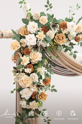 Ling's moment Artificial Wedding Arch Flowers with Drapes Kit-Pack of 5, 2pcs Flower Arrangements 3pcs Hanging Sheer Drapes Ceremony Arbor Backdrop Rose Floral Decorations, Apricot & Soft Peach - color: Or-apricot & Soft Peach
