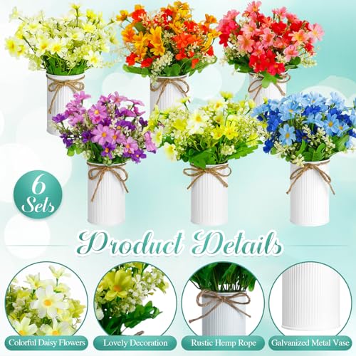 6 Sets Spring Daisy Table Centerpieces Colorful Artificial Wildflower with Galvanized Metal Pot Vintage Artificial Potted Daisy Flowers Decoration for Easter Home Office Wedding Party Baby Shower