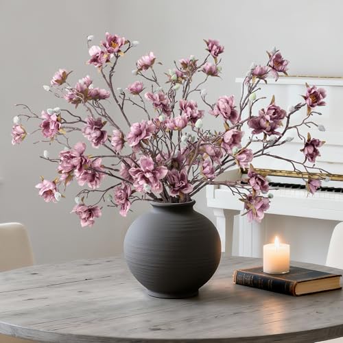 HyeFlora 3PCS Artificial Magnolia Flowers Stems for Spring Decoration, Faux Purple Magnolia Branches with Buds, 34.5" Long Stems Floral Arrangement for Vase Pot Table Centerpiece Indoor Decor - color: Purple