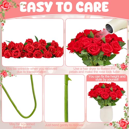 24 Pcs Red Rose Artificial Flowers with Long Stem Real Touch Silk Plastic Bouquet Red Roses Bulk for Wedding Party Table Centerpieces Festival Decorations - color: Red