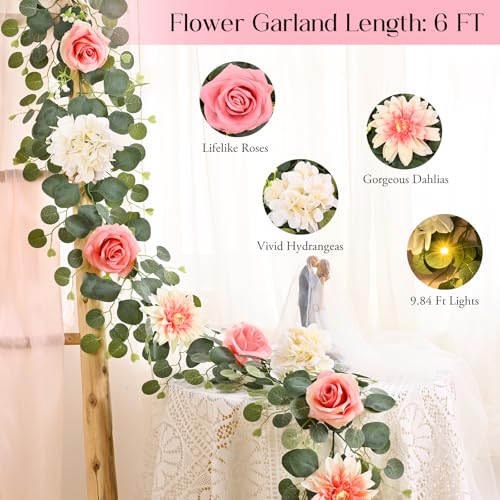 Yastouay 6 Ft Flower Garland with Lights, Pink Rose Floral Garland Fake Flowers for Wedding Arch Party Tables Backdrop Decor - color: Pink With Lights, size: 1 Pack