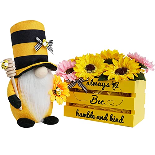 Bee Decor, Wood Bee Crate Decorations, Humble Bee Gnome Plush with Honey Dipper,Rustic Farmhouse Bee Tiered Tray Decor, Mini Wood Crate with Artificial Sunflowers Decor, Summer Decorations for Home