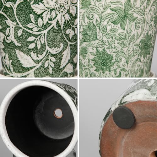 Set of 2 Ceramic Green Plant Pots with Drainage Hole and Saucers, Vintage Farmhouse Accent Planters for Indoor Plants, Round Flower Pots Rustic Succulent Cactus Pots Terracotta Tubs 5.7/4.7 Inch - color: Forest Green