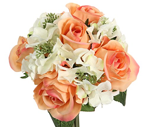 Admired by Nature Artificial Rose Hydrangea Flowers Bouquet, 9 Stems Faux Wedding Bouquet for Bride Bridesmaid, Centerpieces Floral Arrangement Home Decoration GPB8359-PH/CM, Peach/Cream - color: Peach/Cream, size: 1