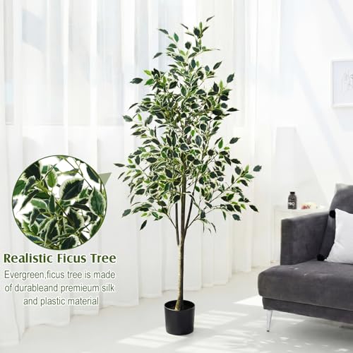 Daifunli 5ft Artificial Ficus Tree Faux Realistic Plants with Silk Leaves and Texture Trunks Fake Ficus Tree for Home Decor Indoor Office Living Room Porch Outdoor Housewarming Gift - style: Ficus