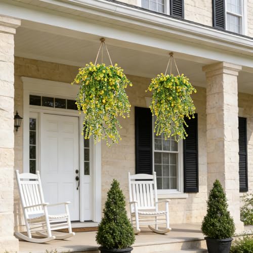 6PCs Artificial Eucalyptus Flowers for Outdoors Yellow Faux Hanging Vines Plants UV Resistant Fake Ferm Plants for Outdoors Home Porch Patio Garden Front Porch Summer Decor(Yellow) - color: Yellow