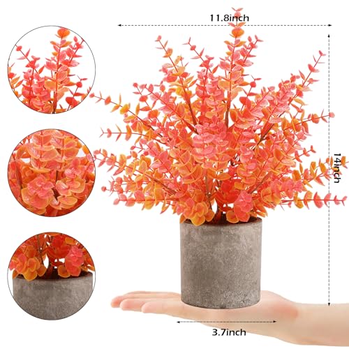 Coferset 2 Pack Fall Small Fake Plants 14" Eucalyptus Potted Artificial Plants Fall Decorations for Home Shelf Office Bathroom Desk Farmhouse Room Coffee Table Decor Fall Decor (Fall Orange-Large) - color: Orange-large