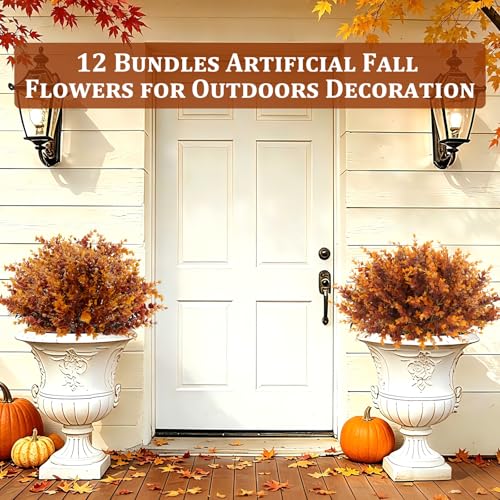 12 Bundles Artificial Fall Flowers for Outdoors Fall Decorations, UV Resistant Fake Mums Faux Fall Plants Plastic Greenery Porch Fireplace Home Gardens Autumn Thanksgiving Decor(Brown Eucalyptus) - color: Brown Eucalyptus, size: 12 Bundles