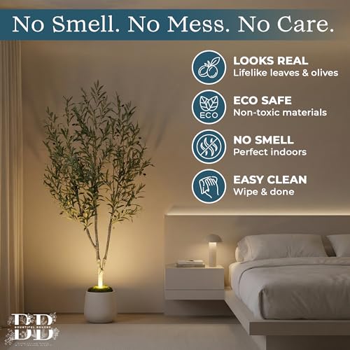 6ft (180 cm) Artificial Olive Tree with White Pot, Moss & USB LED – 943 Leaves, 52 Olives, Lifelike Fake Indoor Potted Plant for Home, Living Room, Office & Bedroom Decor - size: 6ft