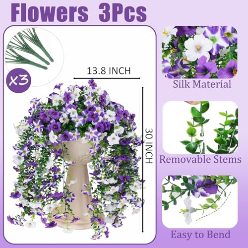 3 Pack Artificial Flowers for Outdoors Front Porch Spring Decor,Faux Outdoor Plants Hanging Flowers UV Resistant for Hanging Baskets,Tall Potted Fake Flowers for Outdoor Planters Decor (Purple White) - color: Purple White-3