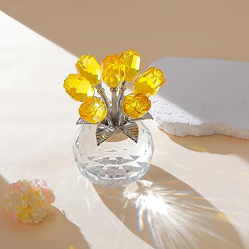 Yellow Rose Flower Crystal Figurine with Vase, Bouquet Flowers Ornament Gifts for Wife Girlfriend Women , Handmade Crystal Flower Collectible Home Table Decor for Valentine's Day Wedding Anniversary - color: Yellow-crystal Rose