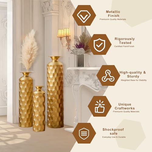 Metal Floor Vases Decorative, Set of 3 Flower Arrangement Stand, Metal Decorative Vase Tall Distressed Metallic Centerpiece Vases with Hexagon Textured, 33.46", 25.59", 19.69" H (Gold) - color: Gold