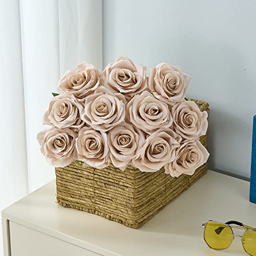 15pcs Fake Roses Artificial Silk Flowers Nude Faux Rose Flower Long Stems Bouquet for Arrangement Wedding Centerpiece Party Home Kitchen Decor (VASE is NOT INVLUDED) - color: Nude