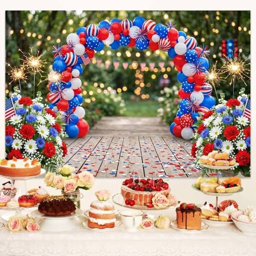 4th of July Independence Day Backdrop, Patriotic Red White and Blue Balloon Arch Flowers Photography Background, Memorial Day Party Photo Veterans Day Patriot Decorative Banner Booth Studio 6X4FT - color: Blue and Red, size: 6X4FT