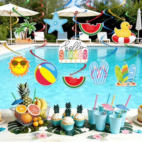 24Pcs Summer Hanging Decorations, Summer Pool Party Ceiling Swirls Cutouts Decor, Beach Theme Hanging Decorations for Home Office Classroom Birthday Beach Party Ceiling - color: Blue