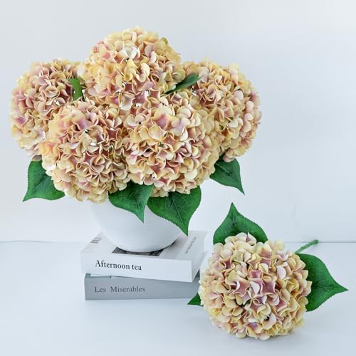 ZYTUYO 5 Pcs Champagne Mauve Silk Hydrangeas Artificial Flower Boho Dried Touch 20'' Faux Hydrangeas for Indoor Home Decor Kitchen Living Room Outdoor Porch Wedding Flower Arrangement - color: Champagne Mauve