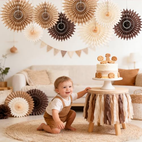 PAPER JAZZ 11 Pcs Brown Party Decorations Neutral Party Decorations Boho Themed Decoration for Western Party Honeycomb Paper Fans Rustic Baby Shower Birthday Wedding Graduation Party Supplies - color: Beige Braun