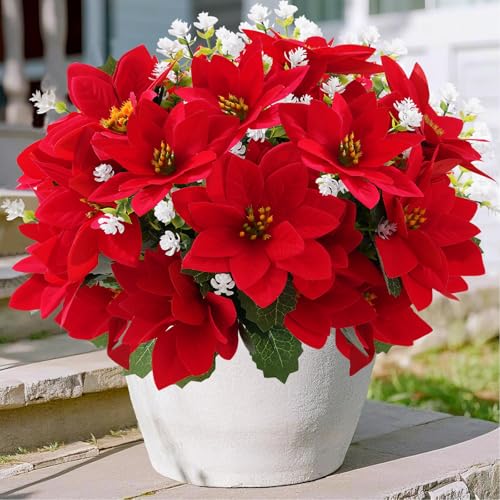 14'' Artificial Poinsettias Flowers for Outdoor,12 Bunches Mixed Fake Red Flowers Faux Eucalyptus Plants UV-Resistant for Home Garden Porch Christmas Winter Spring Outdoor Indoor Decor