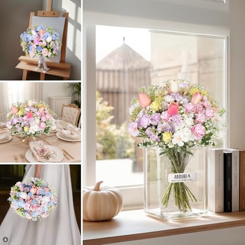 Florielle Artificial Hydrangea Bouquet Fake Silk Flower with Faux Tulips Baby's Breath for Spring Summer Wedding Centerpieces Home Decor Party Table Floral Arrangements (Purple Pink) - color: Purple Pink