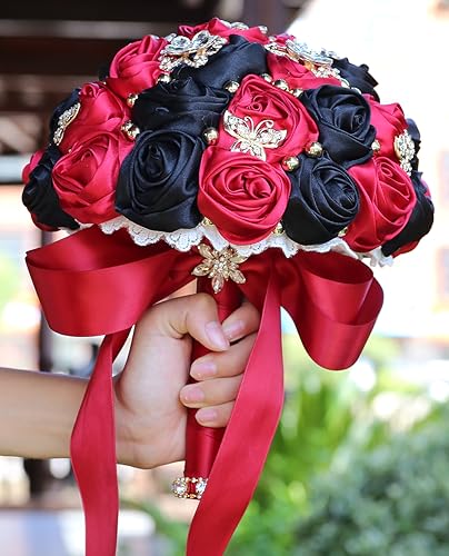 Sharebeauty 8.3" Handmade Satin Rose Bridal Bouquet Toss Round Wedding Bouquet Throw Toss Artificial Flower Bunch Ruby Red + Black - color: 809a Ruby Red/Black, size: 8.3"/21cm