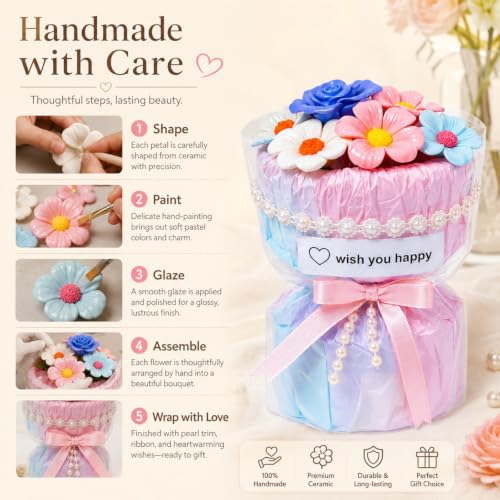 Porcelain Flower Bouquet - Handmade Ceramic Flowers Floral Arrangement, 6 Unique Blossoms, 6 inches Height, Shelf Living Room Decor, Ideal Gift for Mother’s Day, Birthdayr (Colorful-Rose) - color: Colorful-rose