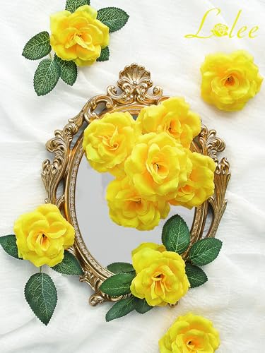 LELEE 108pcs Roses Head Flowers with Stem - Yellow Artificial Flowers Rose Bulk - Silk Rose Fake Flower for Wedding Bouquet Party Home Decor DIY Baby Shower Centerpieces Tables Decoration - color: Yellow