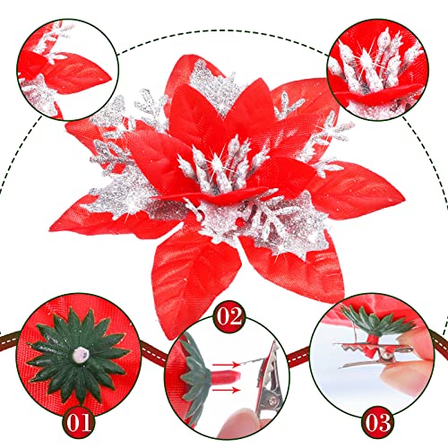 36 Pcs Christmas Glitter Artificial Poinsettia Flowers Xmas Poinsettia Artificial Wedding Flowers Decorations Xmas Tree Ornaments with Clips for Party, 6 Inch, 4 Inch, 3 Inch(Red and Silver) - color: Red and Silver