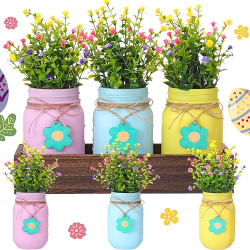 Domensi Easter Spring Table Decoration Set Rustic Wood Tray with Artificial Colorful Flower Greenery Fake Plants Mason Jar Wooden Tag for Easter Spring Dining Table Centerpiece Supplies - color: Pink, Blue Yellow, size: Easter Theme