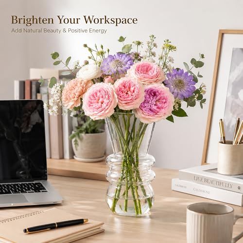 Clear Glass Flower Vase for Fresh Flowers, Decorative Ribbed Vase for Dining Table Centerpiece, Living Room and Office Desk Decor, Housewarming Gift - color: White
