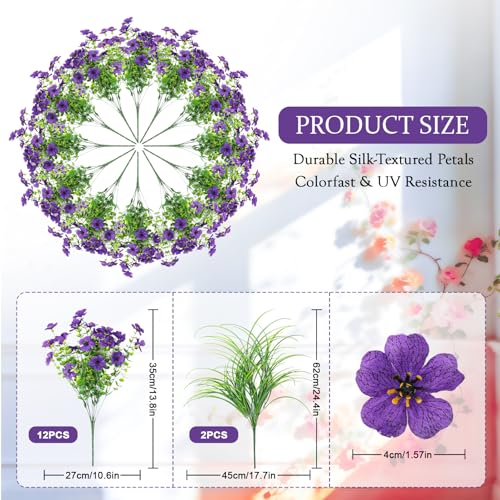 INQCMY Artificial Flowers for Outdoors UV Resistant, 14 Bundles Fake Plants Realistic Silk Flowers with Faux Ferns for Outside Planters Home Porch Patio Garden Back Yard Spring Summer Decoration - color: Light Purple Red