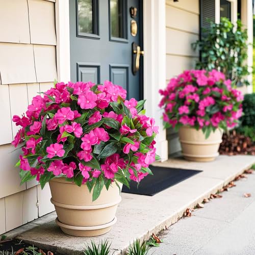 Ouddy Decor 6 Bundles Artificial Impatiens Flowers for Outdoors Decoration, Silk Flowers Bouquet Fake Plants UV Resistant for Spring Summer Garden Porch Window Box Balcony Home Decor, Pink - color: Pink