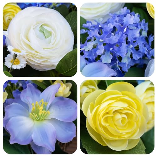 24 Inch Spring Wreath for Front Door, Artificial Hydrangea, Anemone & Wild Daisy Flowers with Berry Accents, Spring and Summer Door Wreath for Indoor Outdoor Decor
