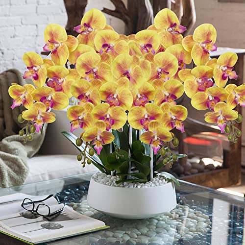 DILATATA Artificial Orchid Flowers 9 Large Heads of Real Touch Vivid Phalaenopsis Orchid Flower Stem 36'' Tall, Artificial Flowers Branches for Home Decor, Office House Decor-Yellow Orchids Flowers - color: Yellow #14
