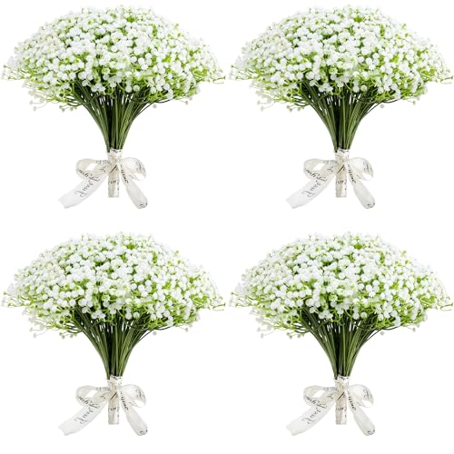 Imncya 120 Pcs Babys Breath Artificial Flowers, Babies Breath Faux Bulk Greenery, Real Touch White Gypsophila Fake Flower for Outdoors, Wedding Bouquets, Party, Home and Garden Decoration