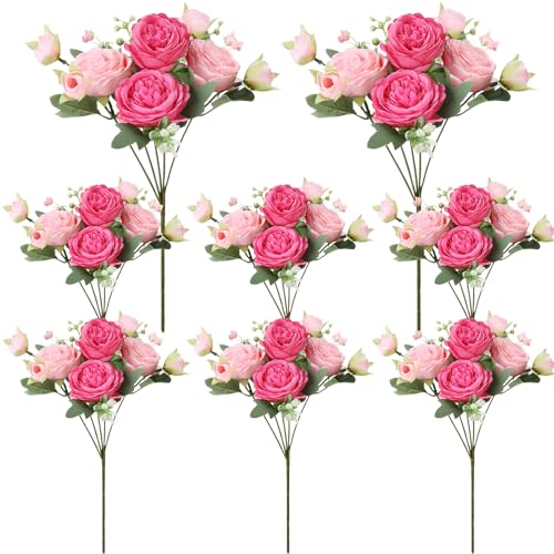 8 Pack Pink, Hot Pink Peonies Artificial Flowers, Fake Silk Hydrangea Bouquet for Bridal Wedding Home Table Decor Reusable Dining Opening Ceremony Birthday Arrangement Faux Floral - color: Pink,hot Pink