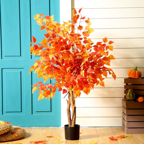 4ft Fall Eucalyptus Tree Artificial Ficus Fall Autumn Tree Decor Artificial Faux Plants Decor with Silk Leaves for Party Porch Fireplace Front Door Outdoor Indoor Office - color: Orange Red