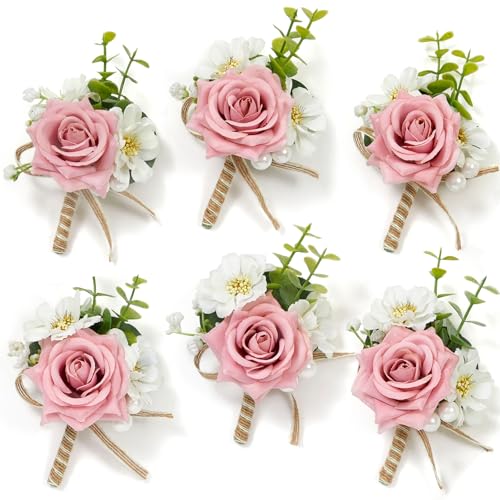 Serwalin 6PCS Pink Rose Boutonniere for Men Wedding Groom Groomsmen Best Man Boutonniere for Wedding Ceremony Anniversary Prom Flowers Formal Dinner Party - color: Pink, size: Boutonniere 6pcs